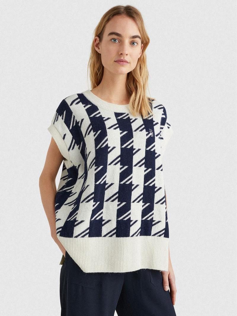 Női Tommy Hilfiger Relaxed Fit Houndstooth Vest Pulóverek Fehér Kék | HU 363FDN